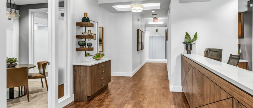 The interior of a newly remodeled dental office reception area