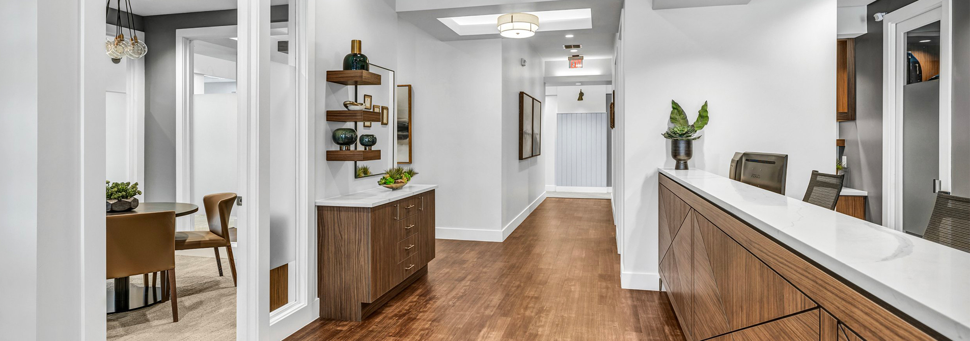 The interior of a newly remodeled dental office reception area